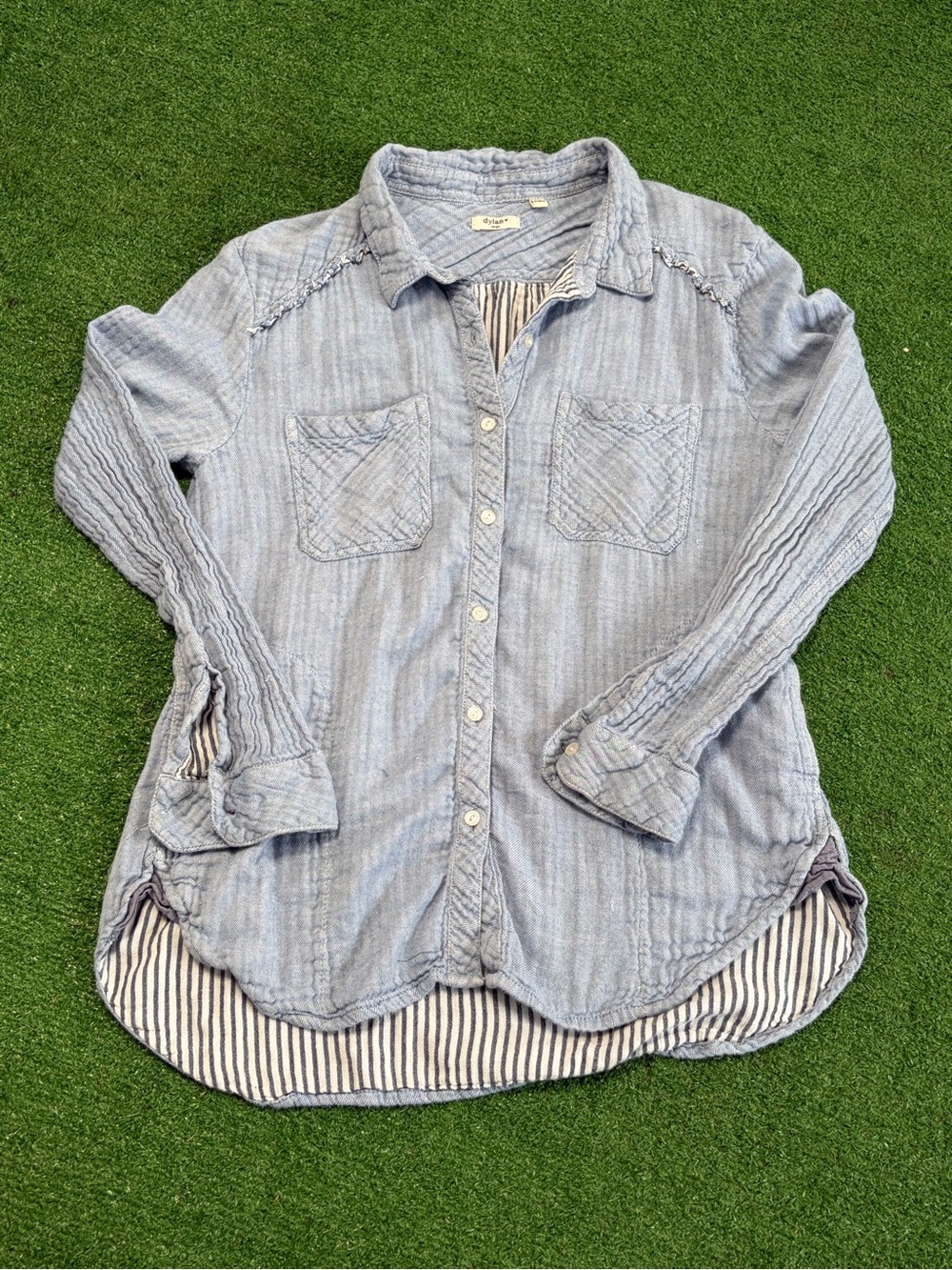 dylan light blue chambray shirt with navy striped lining